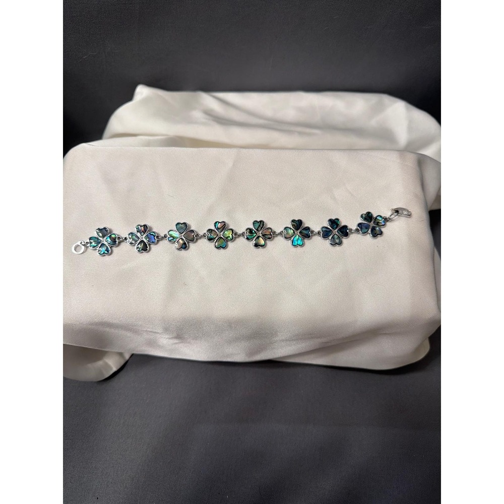 Vintage Mexico Style Silver Tone Abalone Shell Inlay Clover Link Bracelet